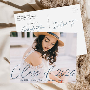 Class of 2026 Navy Script Photo Graduation Party Invitation Postcard