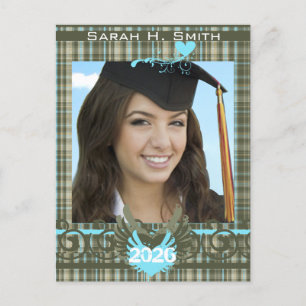 Class of 2026 Olive Green & Blue Plaid Graduation Invitation Postcard