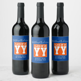 Class of 2026 Orange and Blue Graduation Party Wine Label