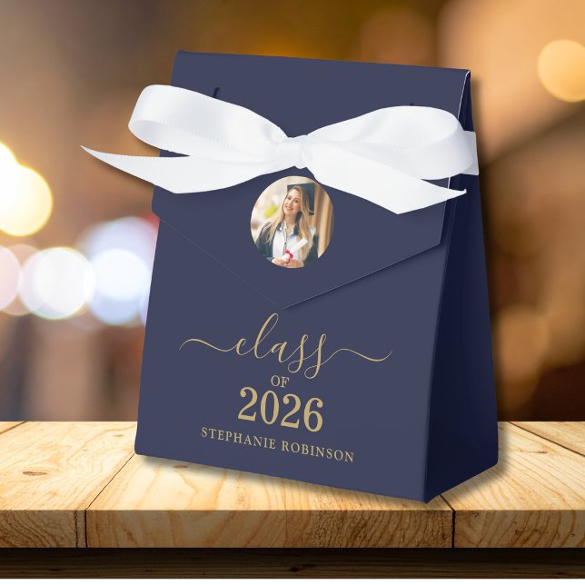 Class of 2026 Photo Blue Gold Script Graduation   Favor Boxes (Creator Uploaded)