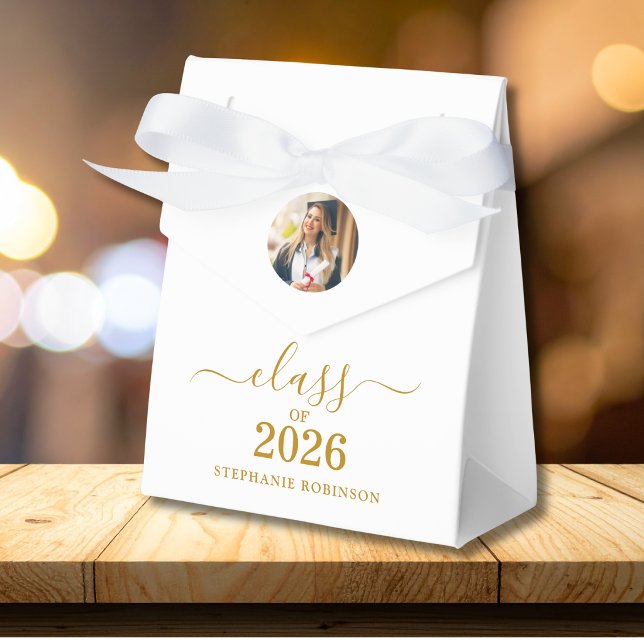 Class of 2026 Photo Elegant Gold Script Grad Favor Boxes (Creator Uploaded)