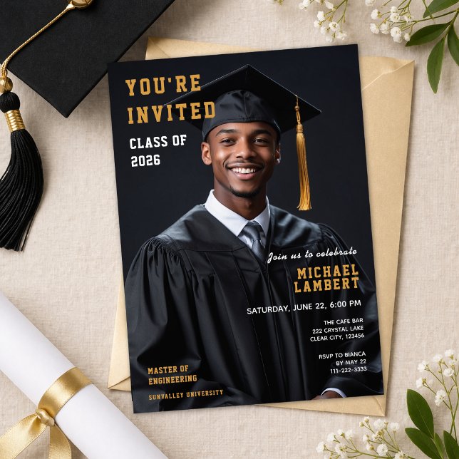 Class of 2026 Photo Graduation Invite (Modern graduation invitation with photo clean black and gold Class of 2026 design)