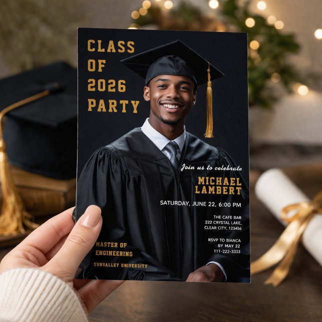 Class of 2026 Photo Party Invite (Elegant Class of 2026 graduation party invitation with modern black and gold photo design)