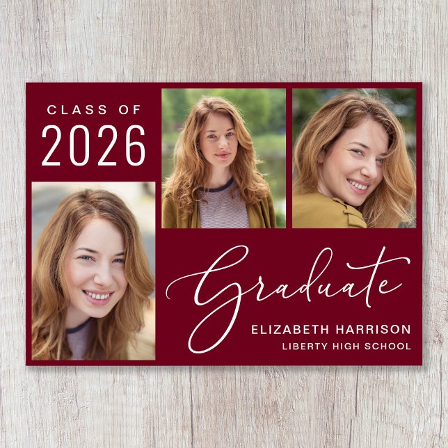 Class of 2026 Photo Script Burgundy Graduation Announcement (Share the pride and excitement of your grad's achievement with friends and family near and far)