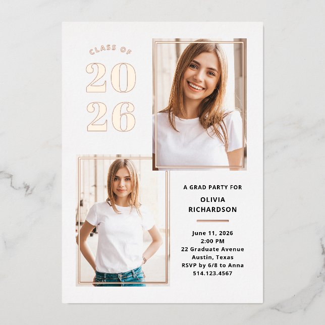 Class of 2026 Photo White and Rose Gold Grad Party Foil Invitation (Front)