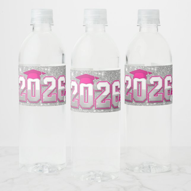 Class of 2026 Pink and Silver Graduation  Water Bottle Label (Bottles)
