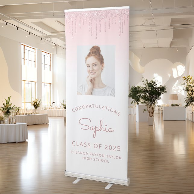 Class of 2026 Pink Glitter Drip Photo Graduation Retractable Banner (Creator Uploaded)
