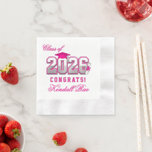Class of 2026 Pink Silver Graduation Varsity Napkins