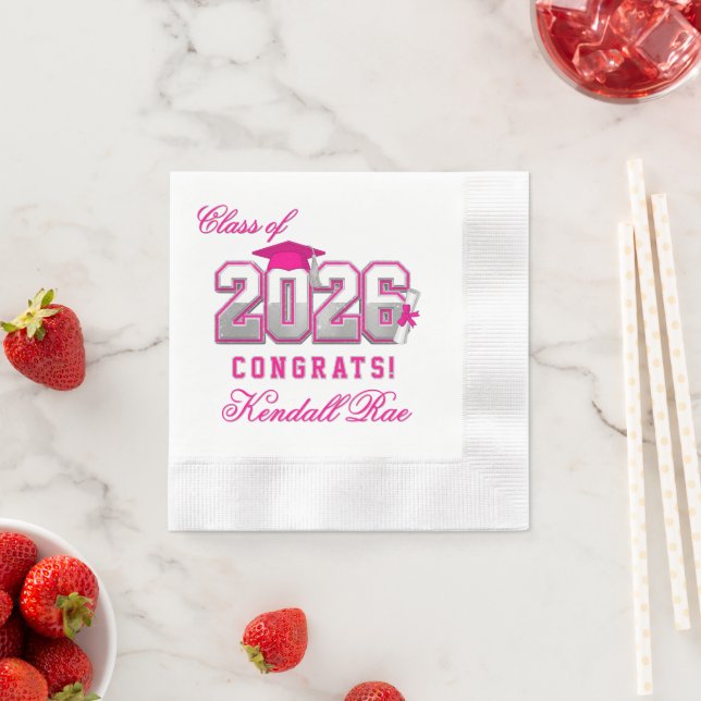 Class of 2026 Pink Silver Graduation Varsity Napkins (Insitu)