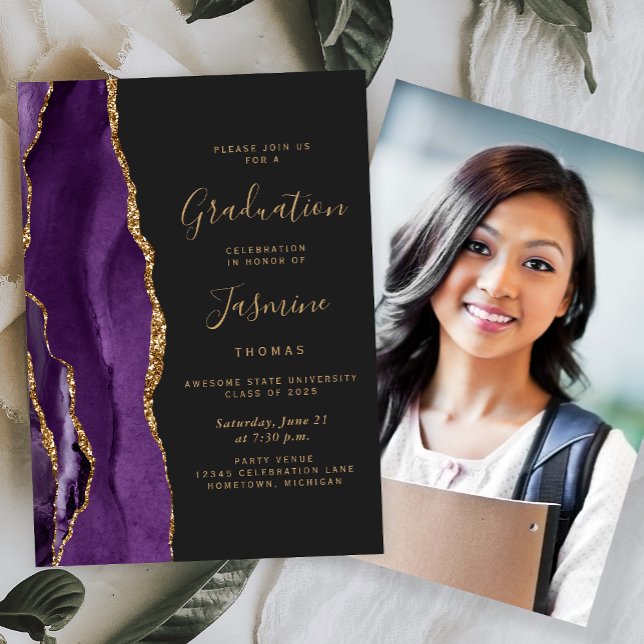 Class of 2026 Purple Agate Photo Dark Graduation Invitation (Creator Uploaded)