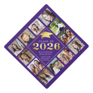 Class of 2026 Purple Gold 12 Photo Collage Graduation Cap Topper