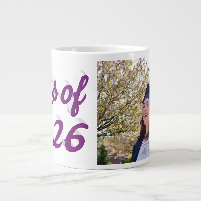 Class of 2026 purple script graduation photo  giant coffee mug (Front)