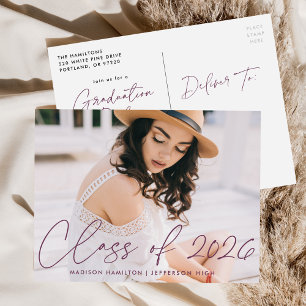Class of 2026 Purple Script Photo Graduation Party Invitation Postcard
