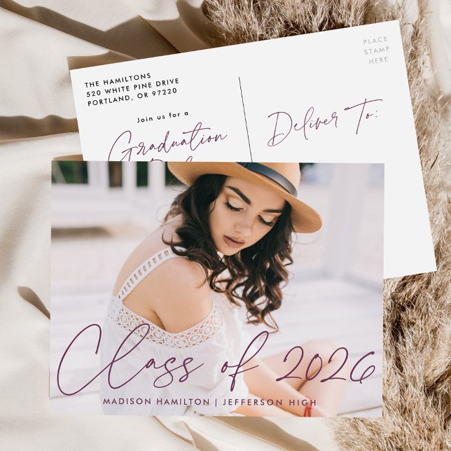 Class of 2026 Purple Script Photo Graduation Party Invitation Postcard (Creator Uploaded)