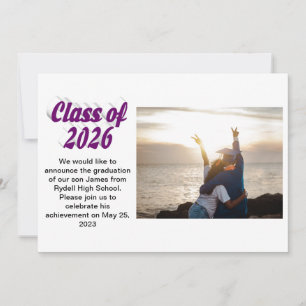 Class of 2026 purple text graduation photo invitation