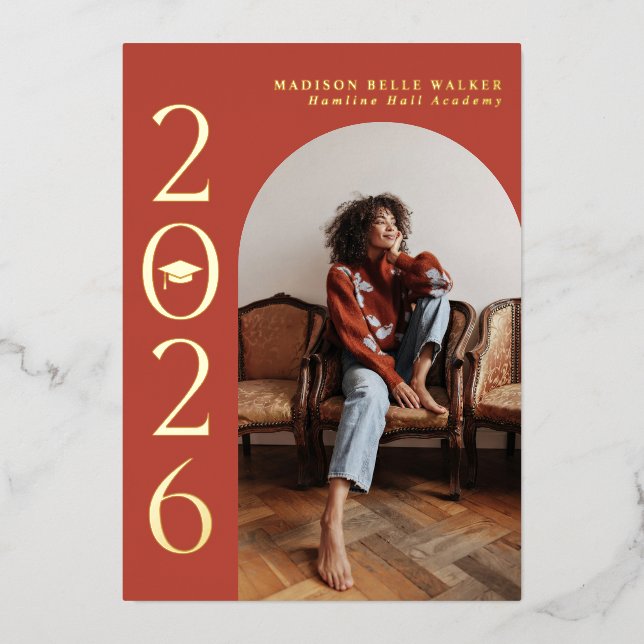 Class of 2026 Red Arch Frame Graduation  Foil Invitation (Front)