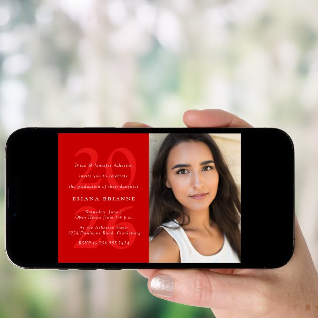 Class of 2026 red classic photo graduation party invitation (Front Digital)