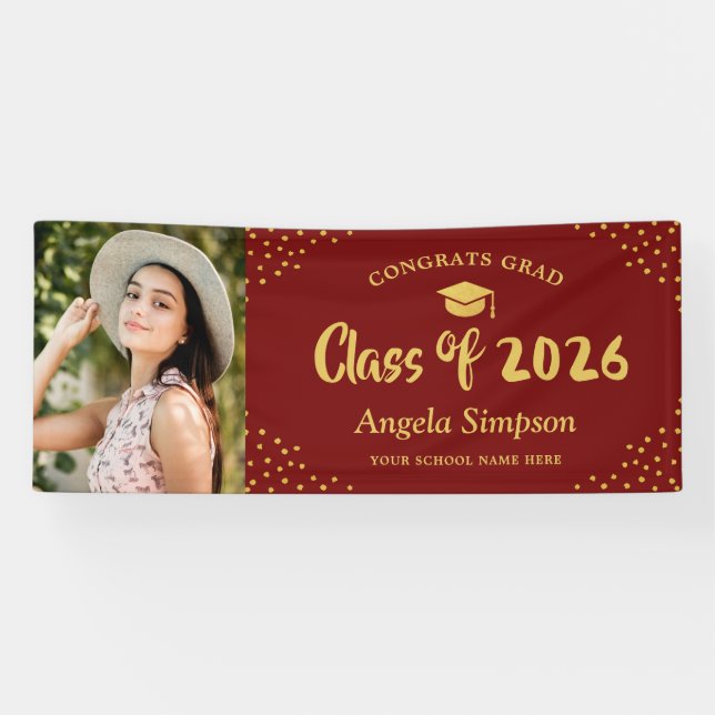 Class of 2026 Red Gold Photo Graduation Party Banner (Horizontal)