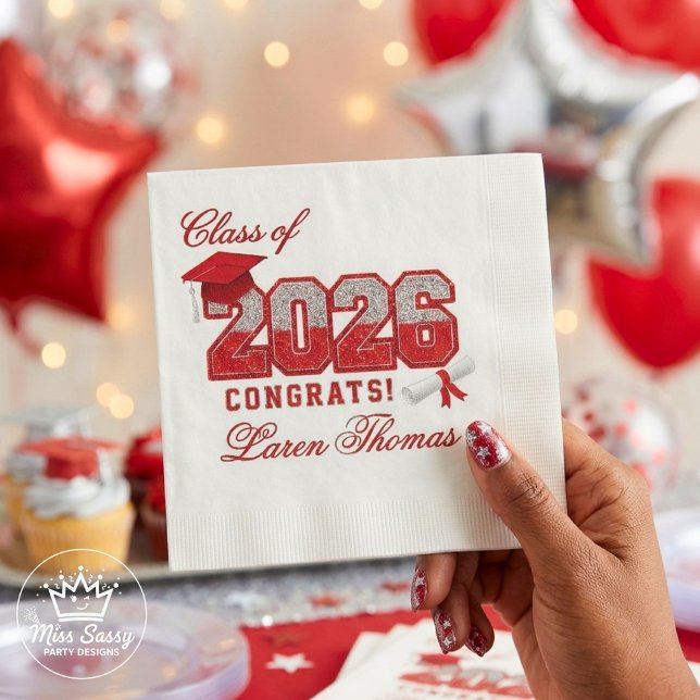 Class of 2026 Red & Silver Graduation Varsity Napkins (Make your Class of 2026 graduation party unforgettable with bold red and silver varsity napkins)