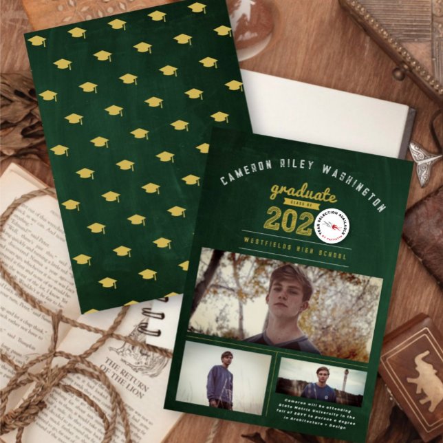 Class Of 2026 Retro Chalkboard 3 Photo Graduation Invitation (Class Of 20YY Retro Green Chalkboard, Bold Gold & White Sketch 3 Photo Graduation Announcement Card.)
