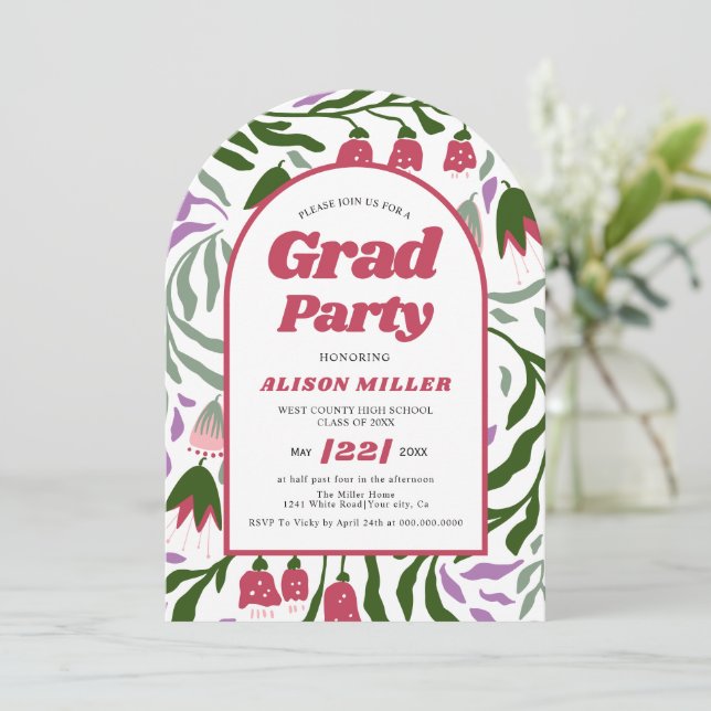 Class Of 2026 retro flowers Graduation arched Invitation (Standing Front)