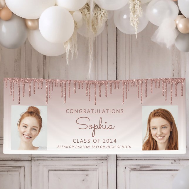 Class of 2026 Rose Gold Glitter 2-Photo Graduation Banner (Creator Uploaded)