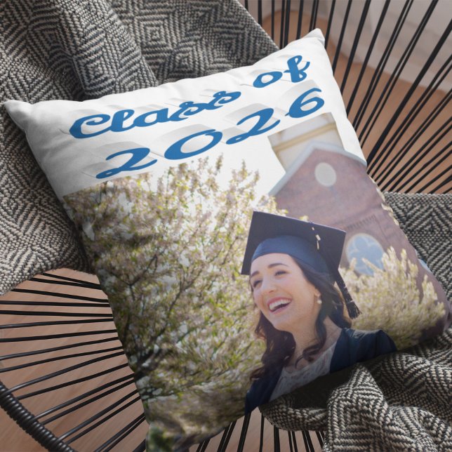 Class of 2026 sea blue script graduation photo throw pillow (Creator Uploaded)