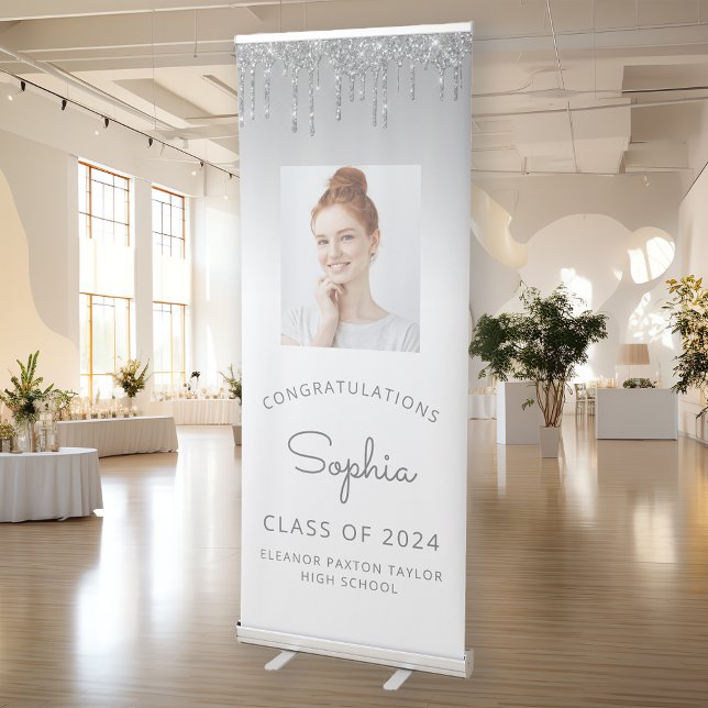 Class of 2026 Silver Glitter Drip Photo Graduation Retractable Banner (Creator Uploaded)