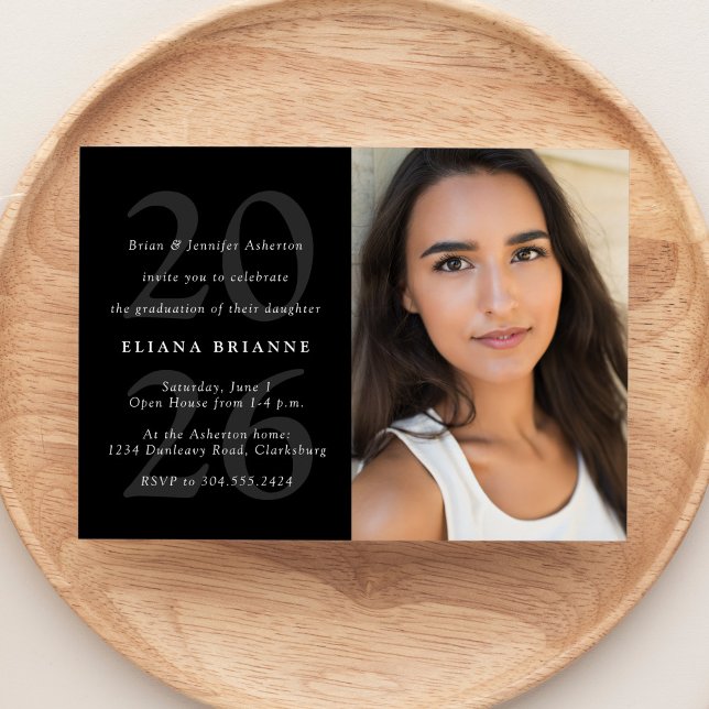Class of 2026 simple black white photo graduation  invitation (Creator Uploaded)