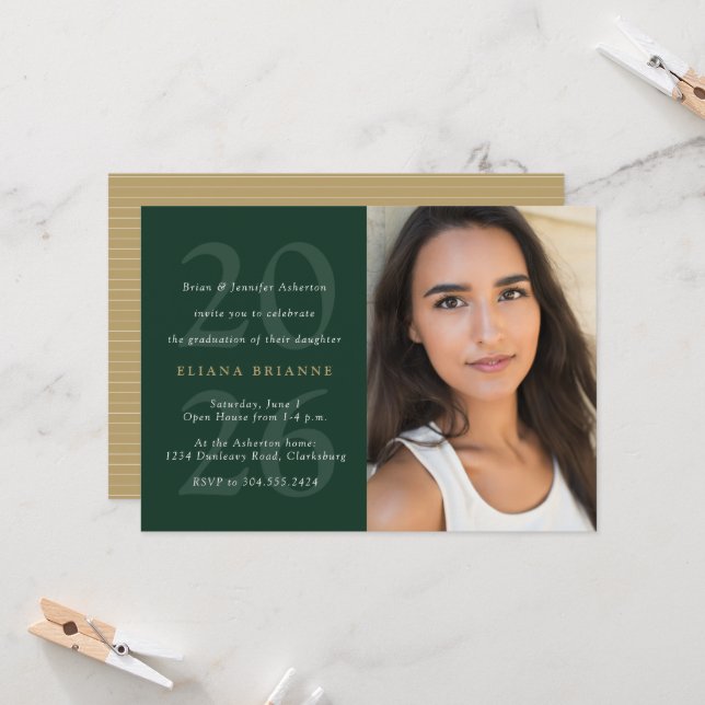 Class of 2026 simple green gold photo graduation  invitation (Front/Back In Situ)