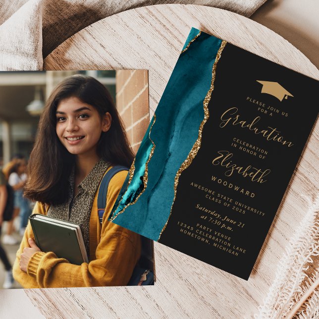 Class of 2026 Teal Agate Photo Cap Dark Graduation Invitation (Creator Uploaded)