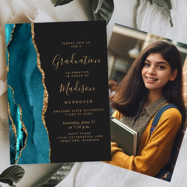 Class of 2026 Teal Agate Photo Dark Graduation Invitation (Creator Uploaded)