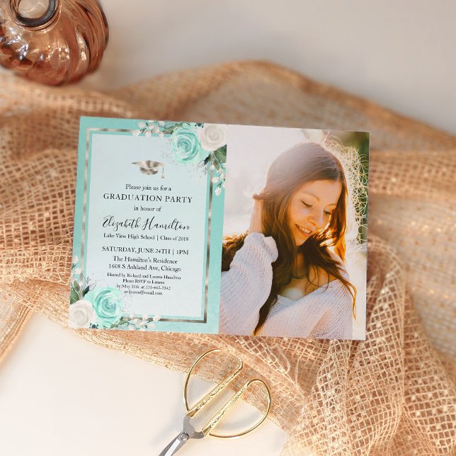 Class of 2026 Teal Silver Floral Graduation Invite (Creator Uploaded)
