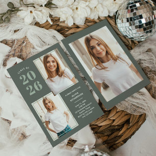 Class of 2026 Three Photo Sage Green Grad Party Invitation