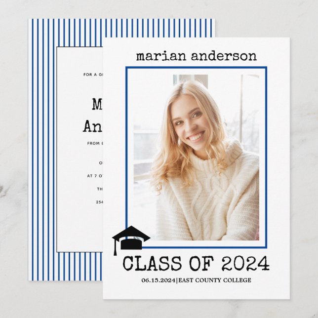 Class of 2026 typewriter blue graduation photo invitation (Front/Back)