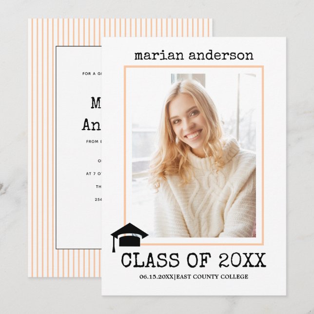 Class of 2026 typewriter peach graduation photo invitation (Front/Back)