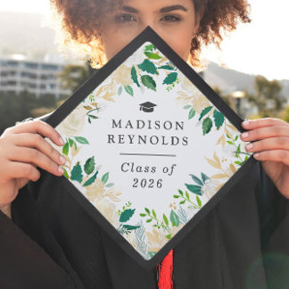 Class of 2026 Watercolor Green White Gold Floral Graduation Cap Topper