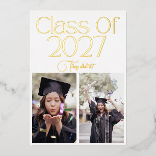 Class of 2027 2 Photo Twins Black Gold Typography Foil Invitation
