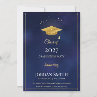 Class of 2027 Graduation Party, Navy Gold Cap Invitation