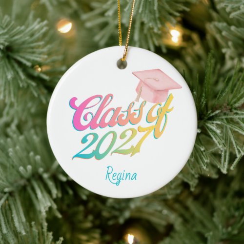Class of 2027 Pastel Ombre Pink Graduation Cap Ceramic Ornament