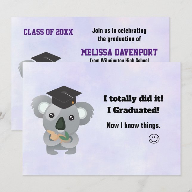 Class of 20xx Cute Koala Bear in Graduation Cap Invitation (Front/Back)
