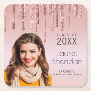 Class of 20XX Graduate Pink Glitter Custom Photo Square Paper Coaster
