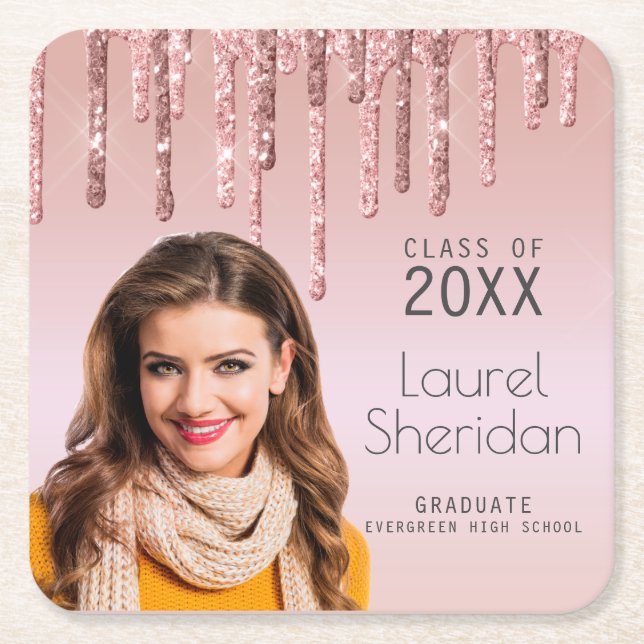 Class of 20XX Graduate Pink Glitter Custom Photo  Square Paper Coaster (Front)