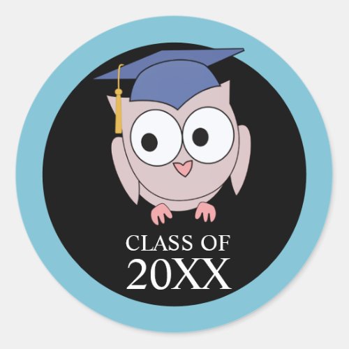 Class of 20XX Graduation Black Blue Owl  Classic Round Sticker