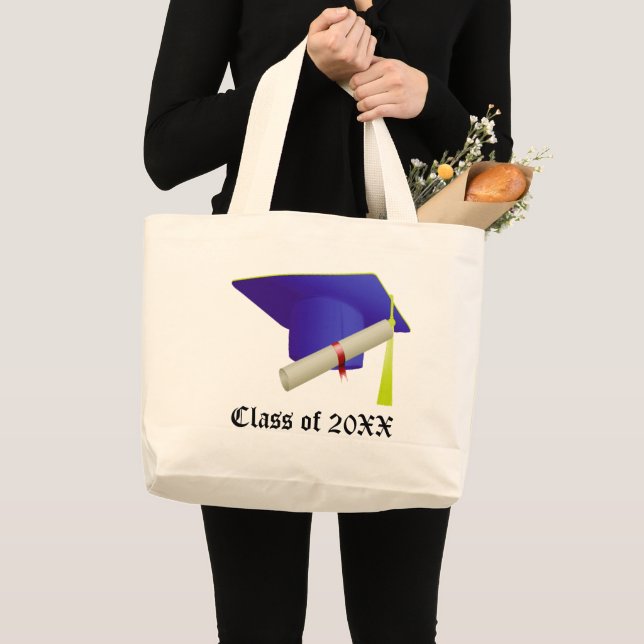 Class of 20XX Graduation Blue Cap & Diploma Large Tote Bag (Front (Product))