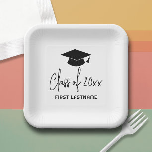 Class of 20xx Trendy Script and Name - Black White Paper Plates