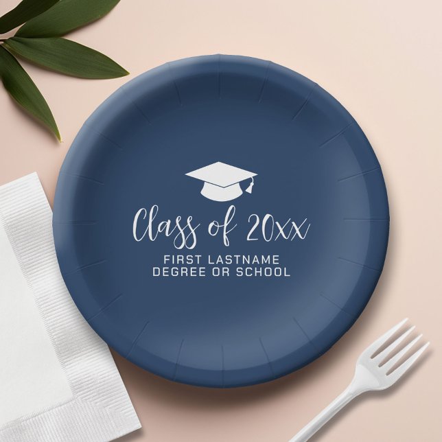 Class of 20xx Trendy Script and Name - Navy Paper Plates (Custom Paper Plate)