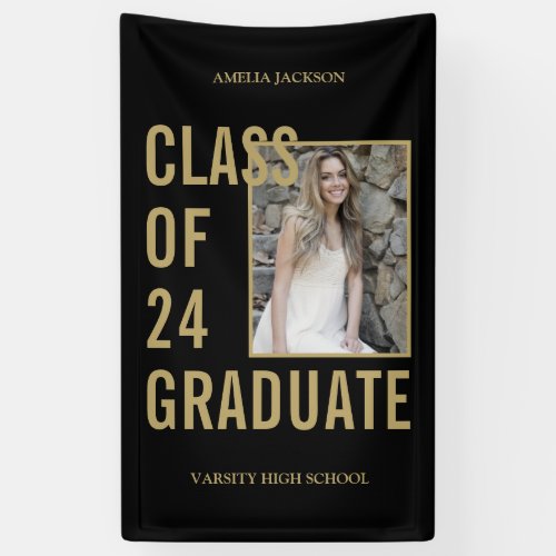 Class Of 24 Black  Gold Photo Graduation Banner