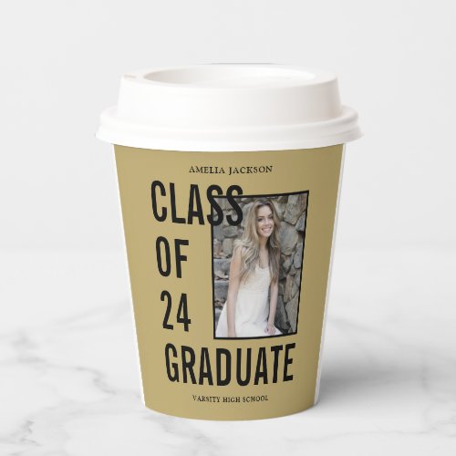 Class Of 24 Black  Gold Photo Graduation Paper Cups