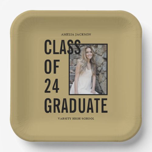Class Of 24 Black  Gold Photo Graduation Party Paper Plates